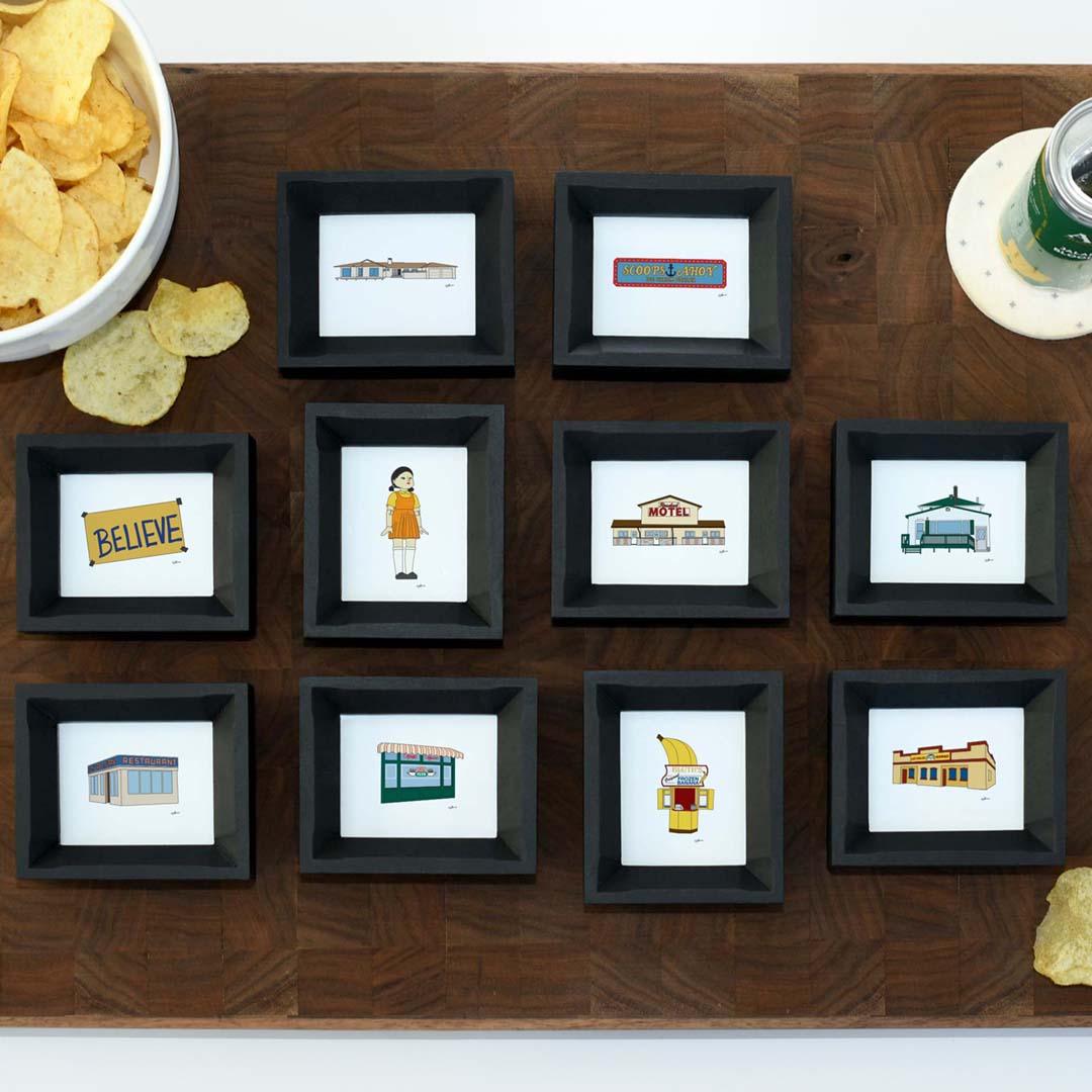 tiny framed tv show prints featuring iconic television landmarks