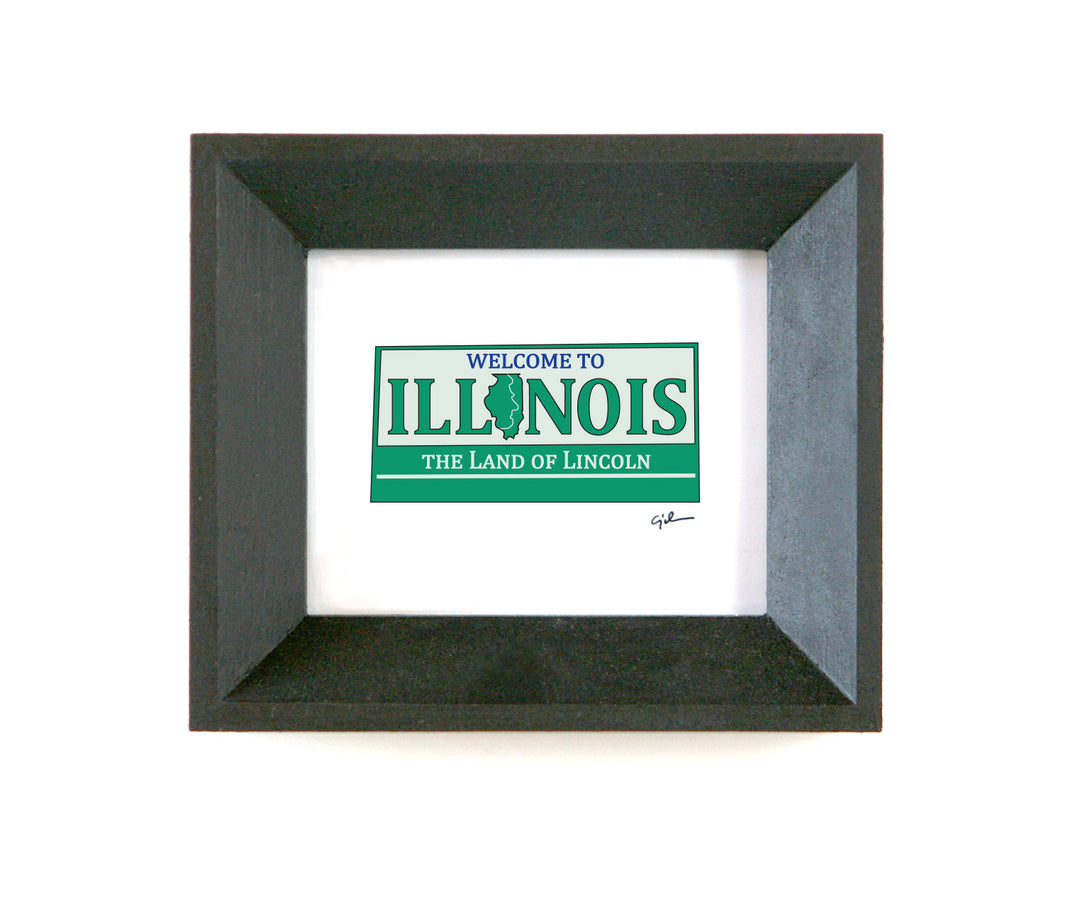 small art print of the welcome to illinois sign in a little black frame