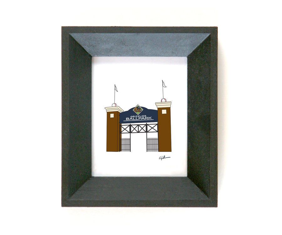 collectable art print of the grizzlies ballpark entrance for webster university baseball or gateway grizzlies team