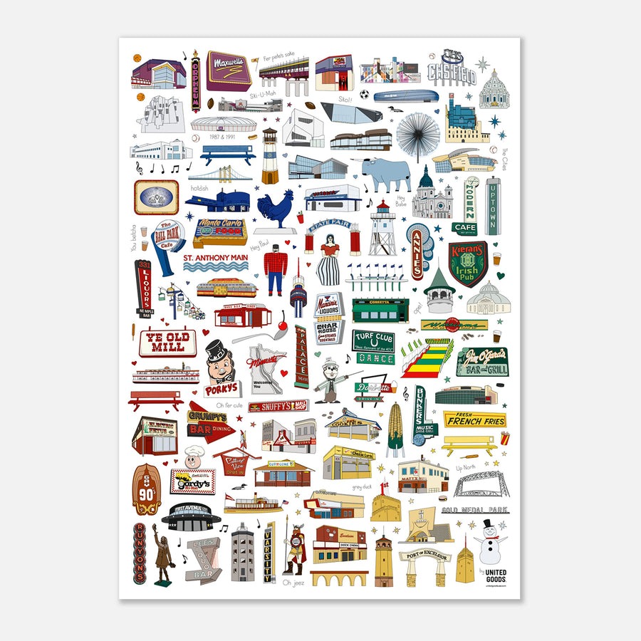 large handmade art poster with lots of minnesota landmark illustrations