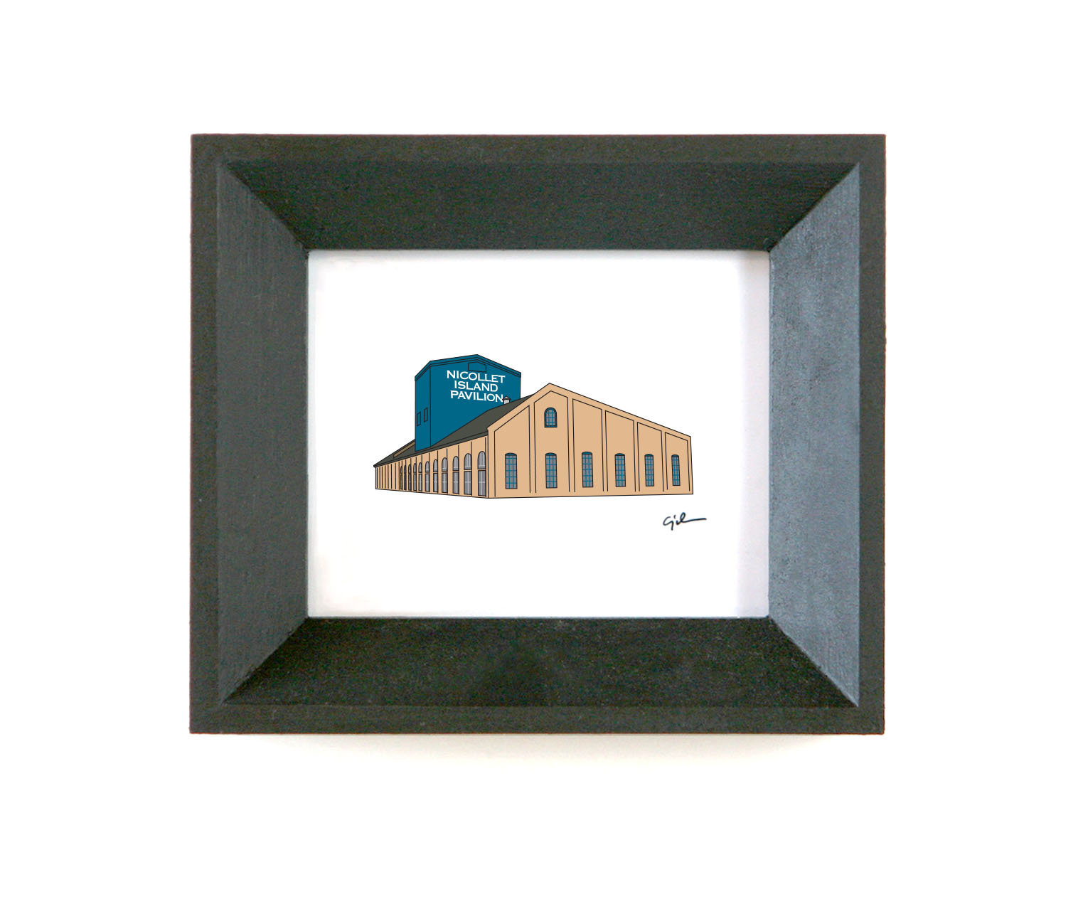 Framed artwork of the nicollet island pavilion building in minneapolis minnesota printed on a white background