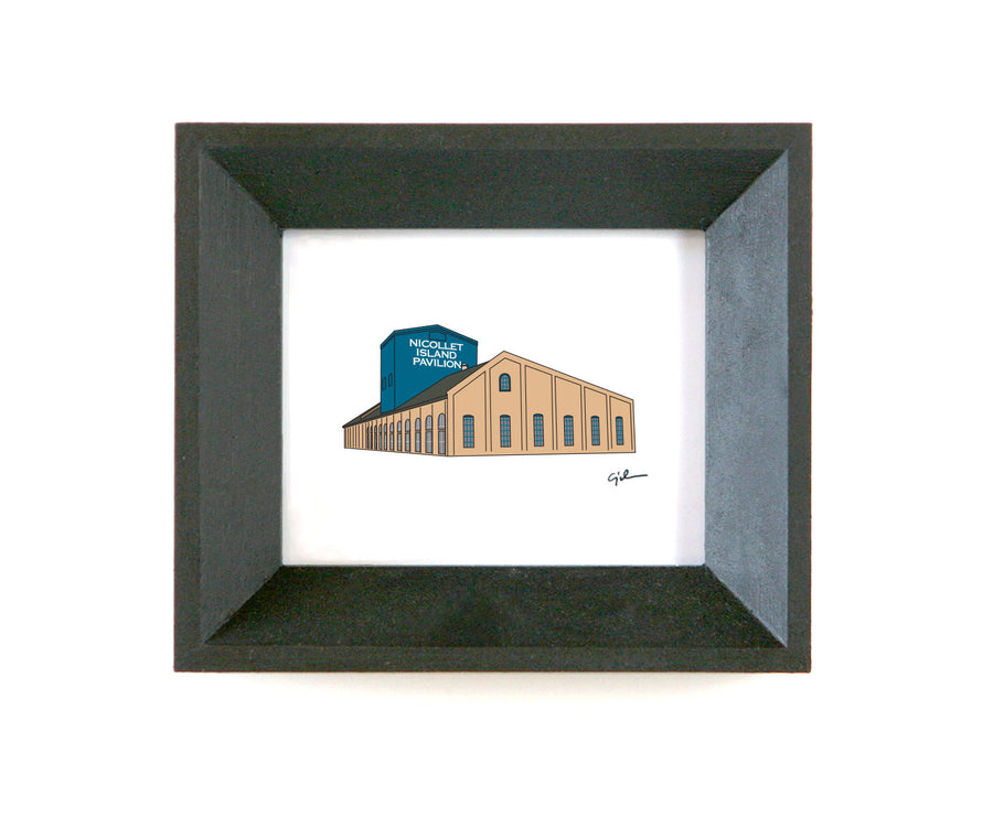 Framed artwork of the nicollet island pavilion building in minneapolis minnesota printed on a white background