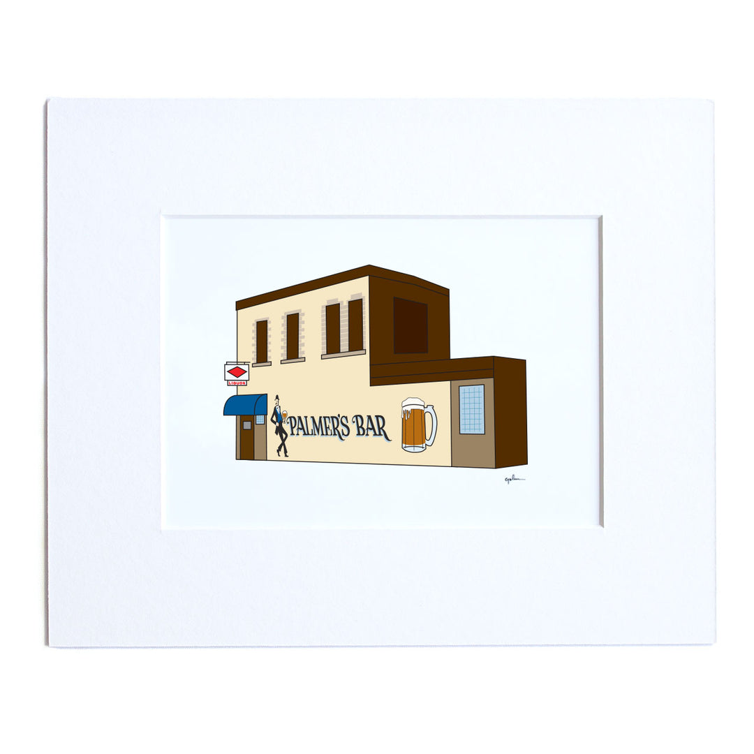 digital illustration of dive bar with Palmer's Bar printed on the side of it in a white mat