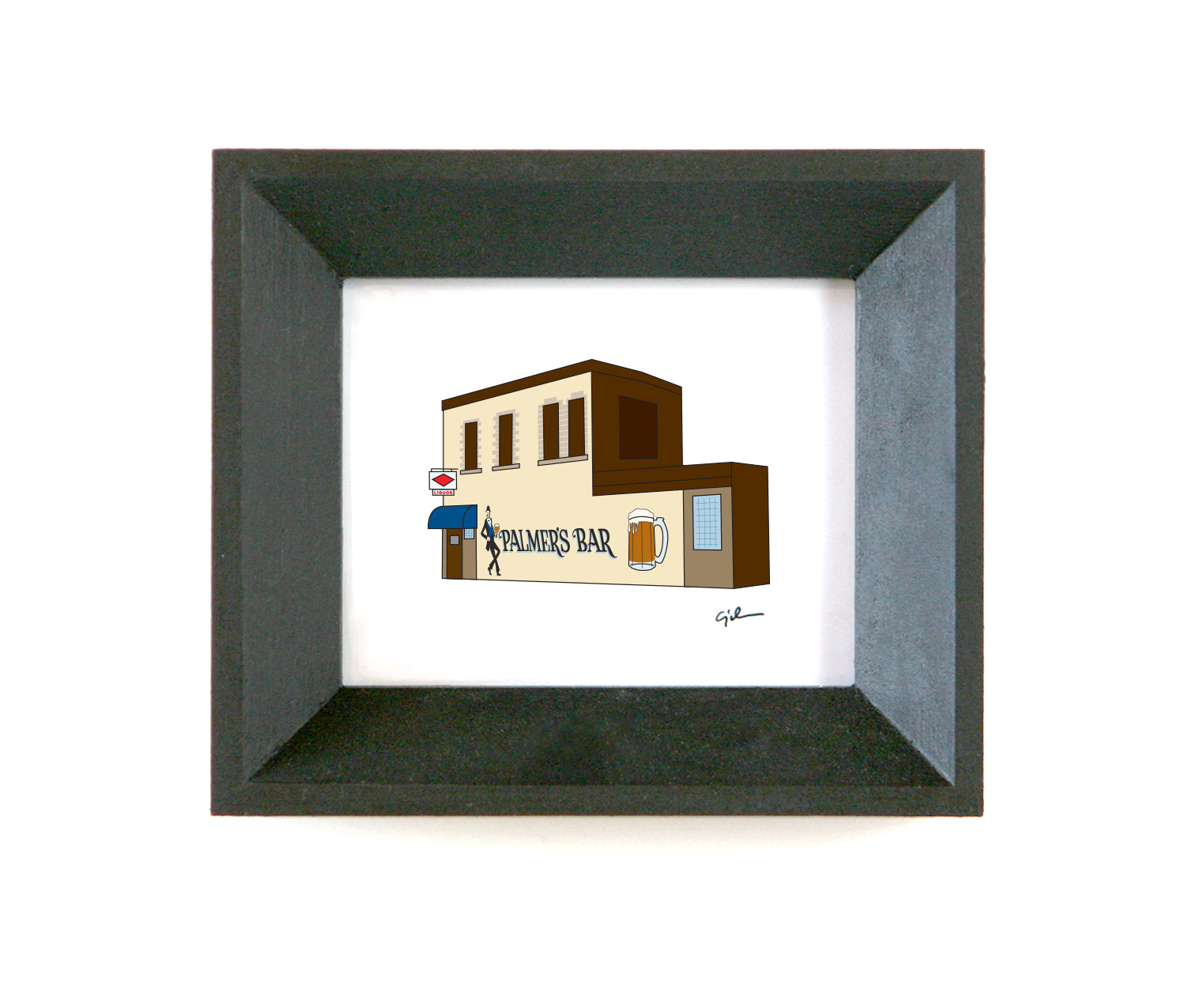 Framed illustration of palmer's bar in minneapolis with a sign painted on the side