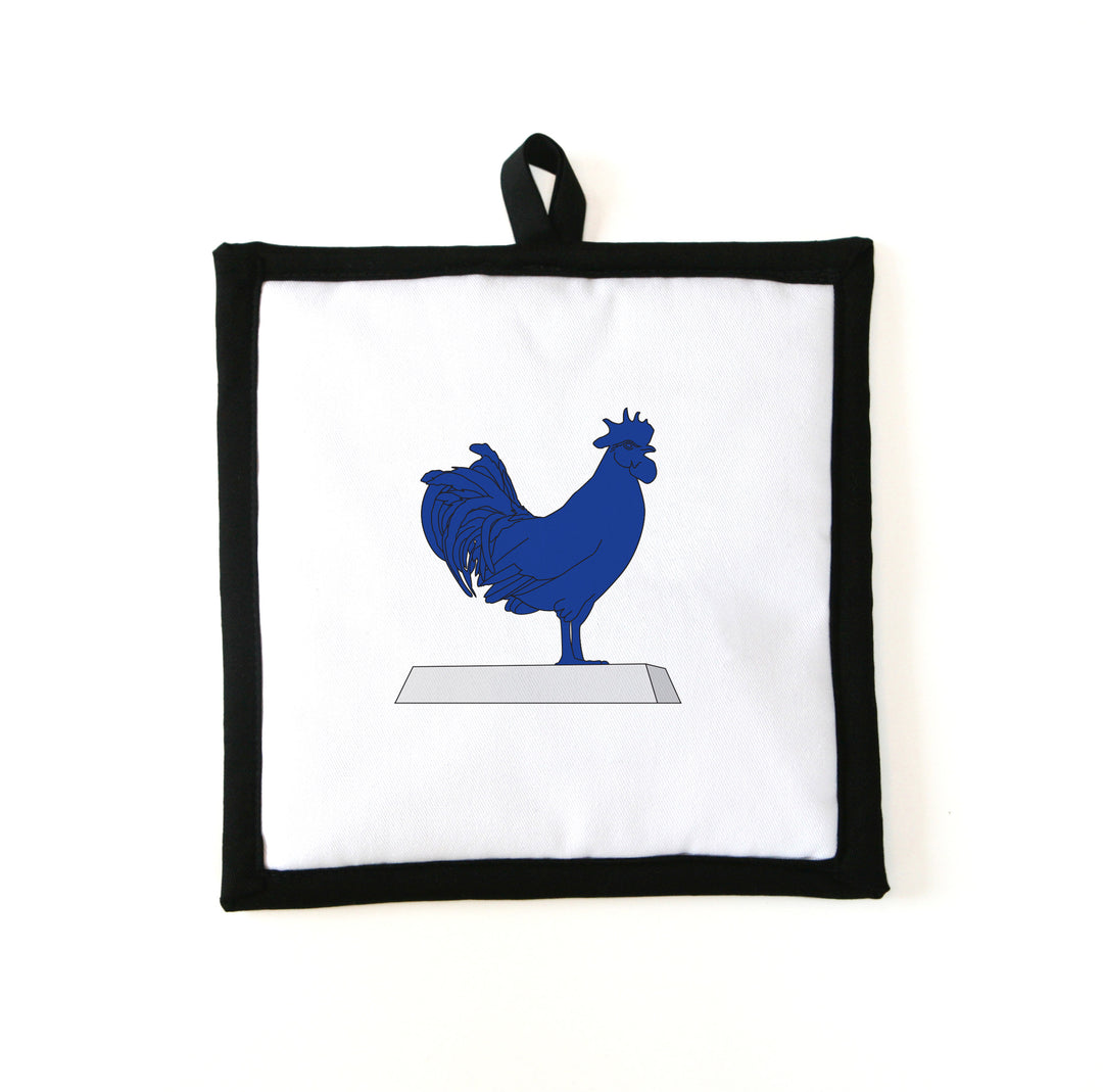 handmade pot holder with hahn/cock sculpture blue chicken from minneapolis sculpture garden