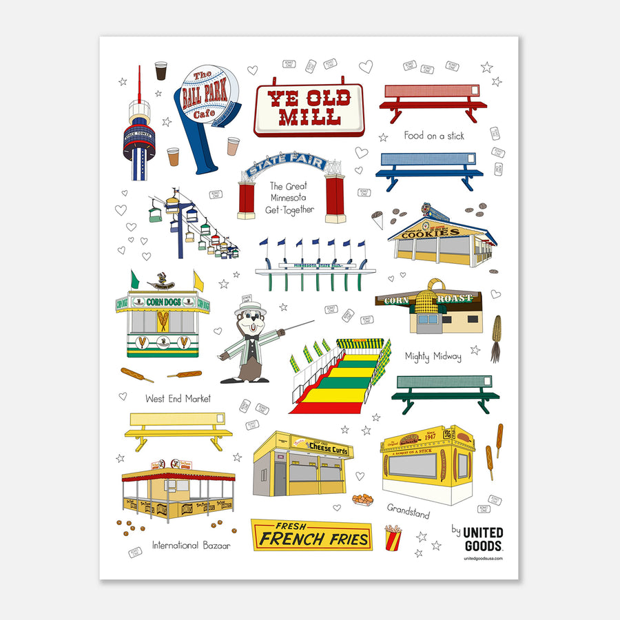 wall poster with drawings of landmarks from the minnesota state fair