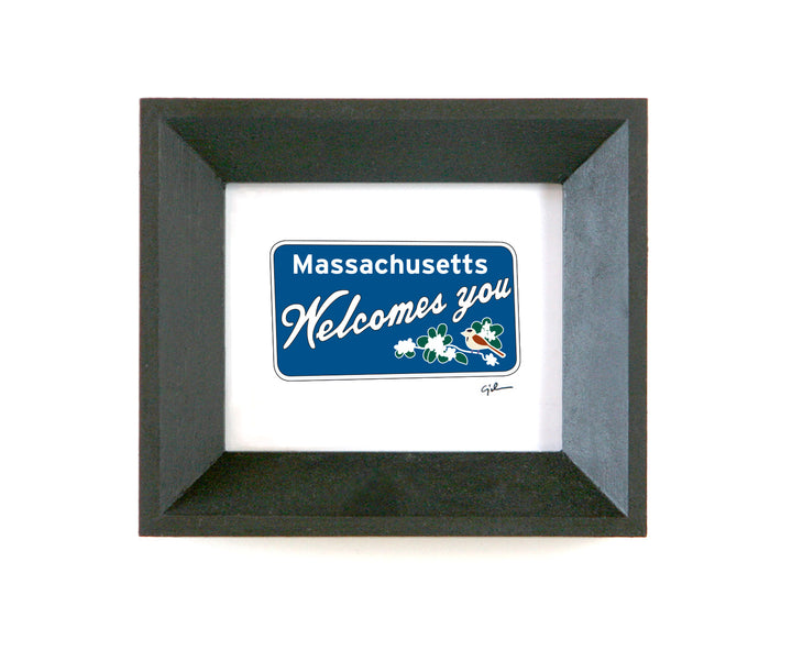 small framed drawing of the welcome to massachusetts sign by minnesota artist united goods