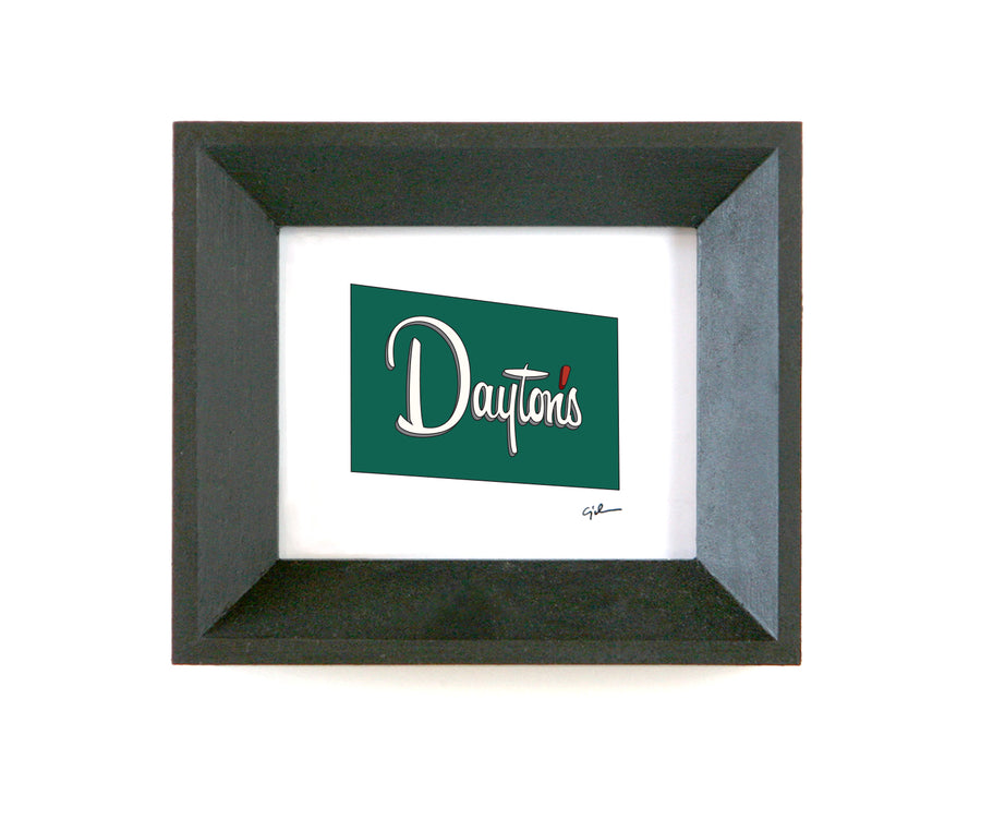small framed picture of the dayton's sign in downtown minneapolis