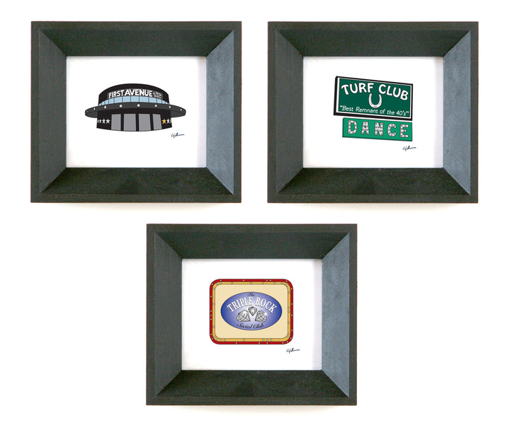 set of three iconic minnesota music venue prints in small frames