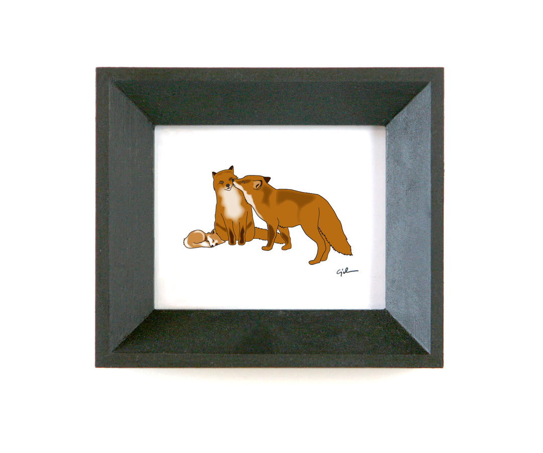 little art print of fox parents with fox pup
