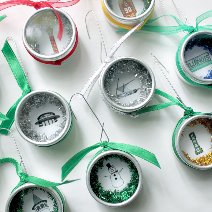 state icon handmade ornaments with illustrations of midwest landmarks