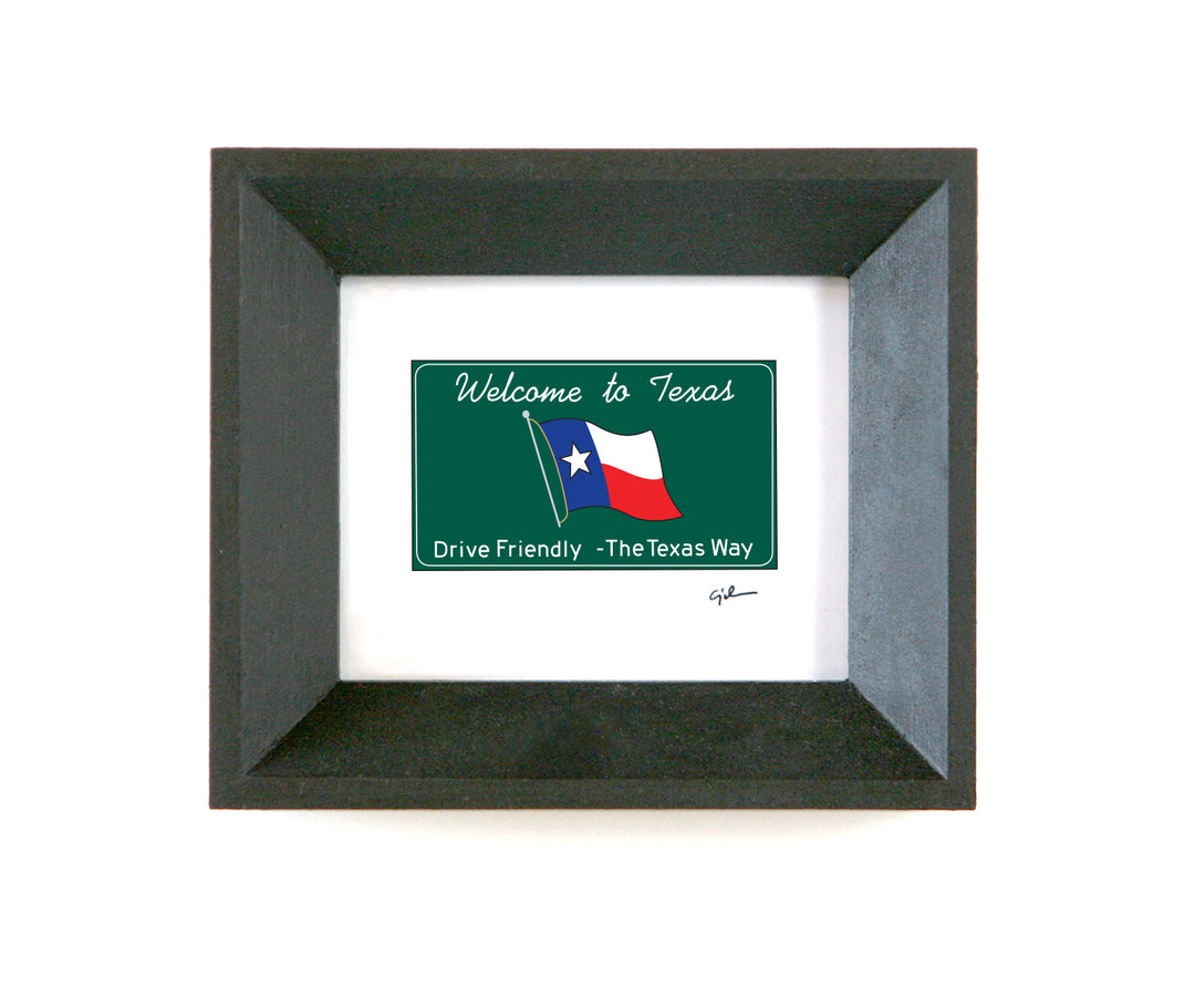 tiny handmade prints of the welcome to texas sign by united goods
