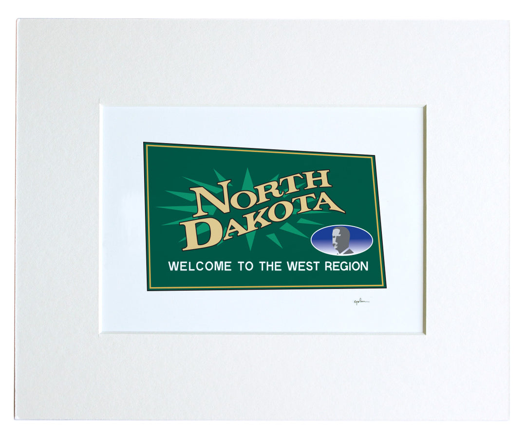 matted art print of a drawing of the welcome to north dakota sign