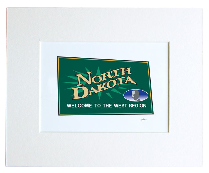 matted art print of a drawing of the welcome to north dakota sign
