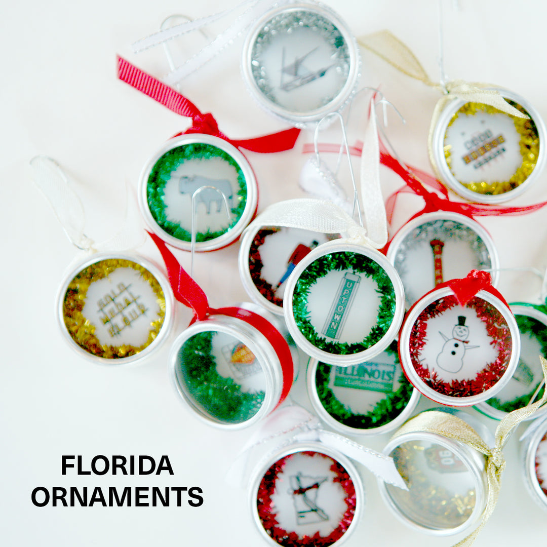 small handmade ornaments featuring florida themes